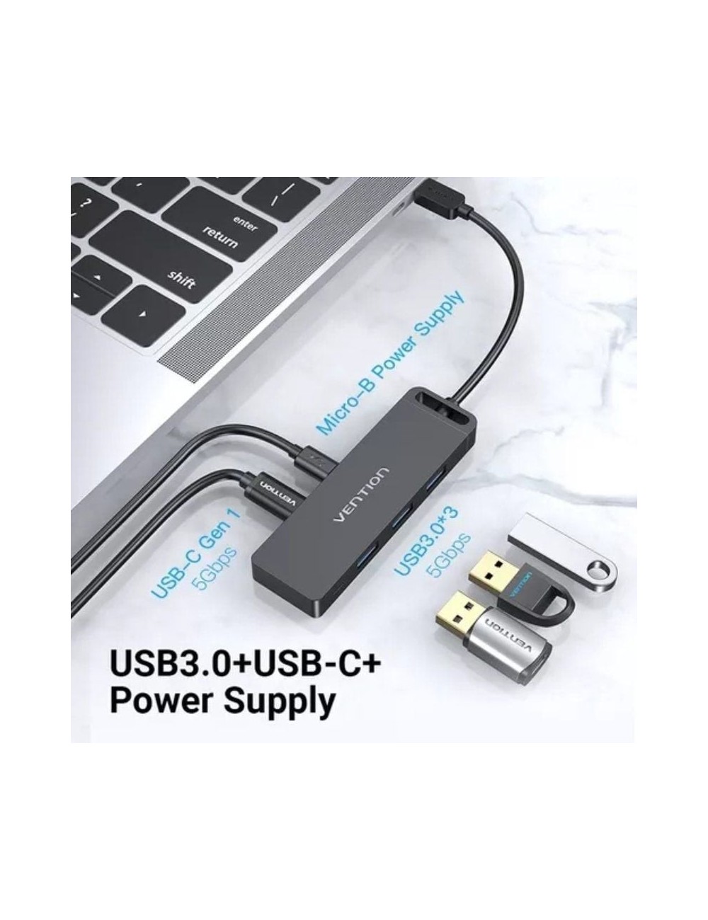 Hub USB Tipo-C Vention TGTBB/ 3xUSB/ 1xUSB Tipo-C/ 1x MicroUSB PD