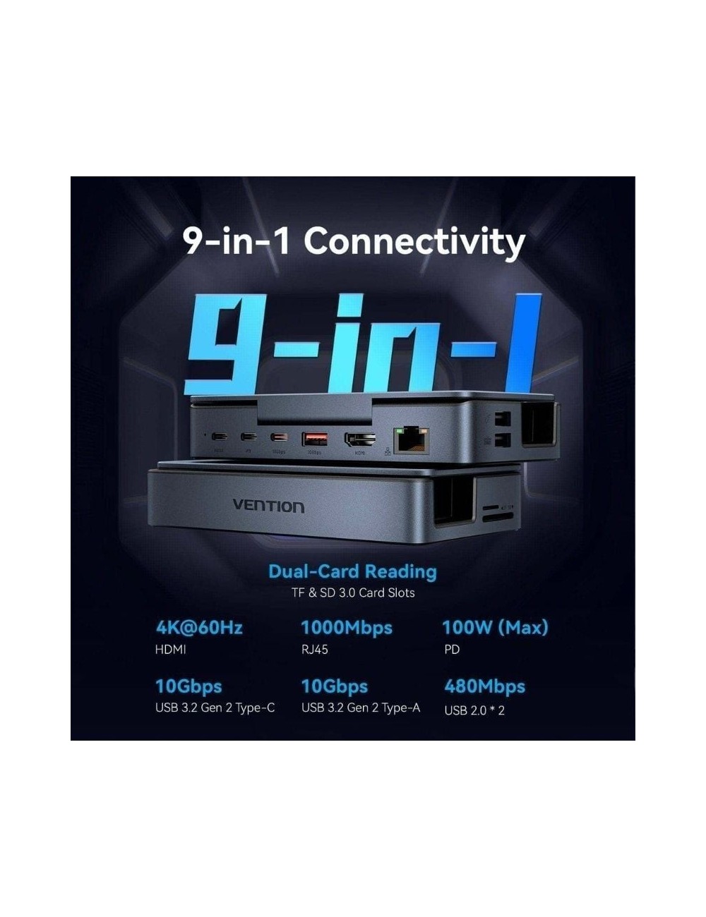 Docking USB Tipo-C para Steam Deck / Switch Vention TPZH0/ 2xHDMI 4K/ 3xUSB/ 1xUSB Tipo-C/ 1xUSB Tipo-C PD/ 1xRJ45/ 1xLector Tar
