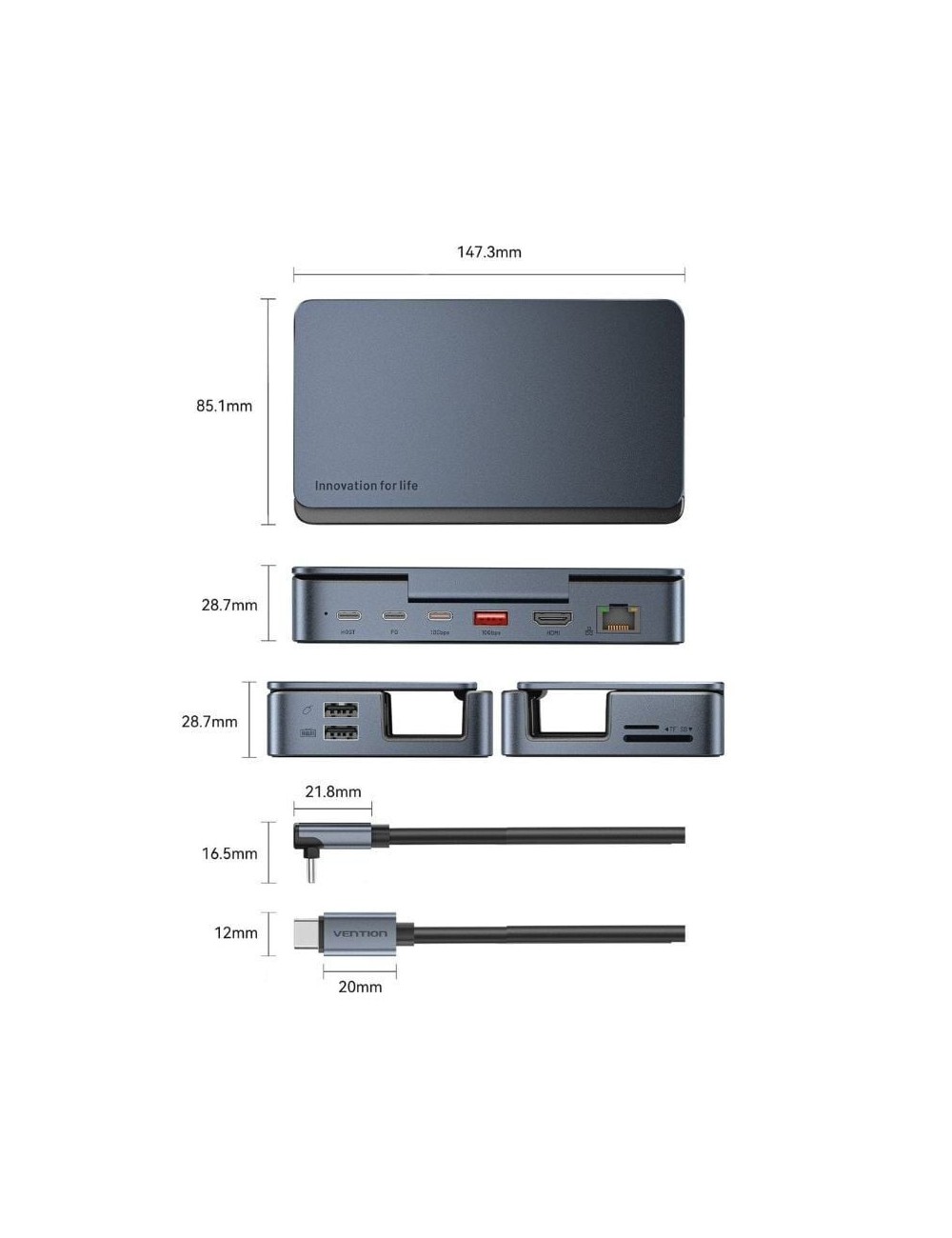 Docking USB Tipo-C para Steam Deck / Switch Vention TPZH0/ 2xHDMI 4K/ 3xUSB/ 1xUSB Tipo-C/ 1xUSB Tipo-C PD/ 1xRJ45/ 1xLector Tar