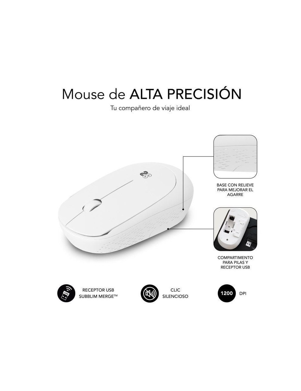 Ratón Inalámbrico Subblim Business Plus Silencioso/ Hasta 1200 DPI/ Blanco