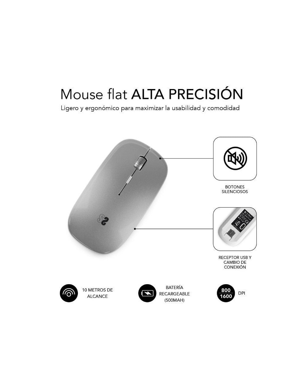 Ratón Inalámbrico Subblim Dual Flat/ Batería recargable/ Hasta 1600 DPI/ Plata