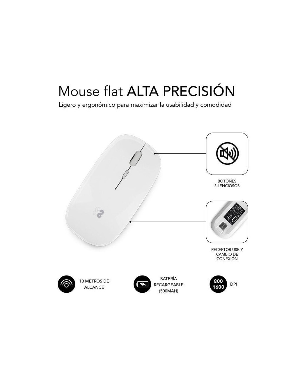 Ratón Inalámbrico Subblim Dual Flat/ Batería recargable/ Hasta 1600 DPI/ Blanco
