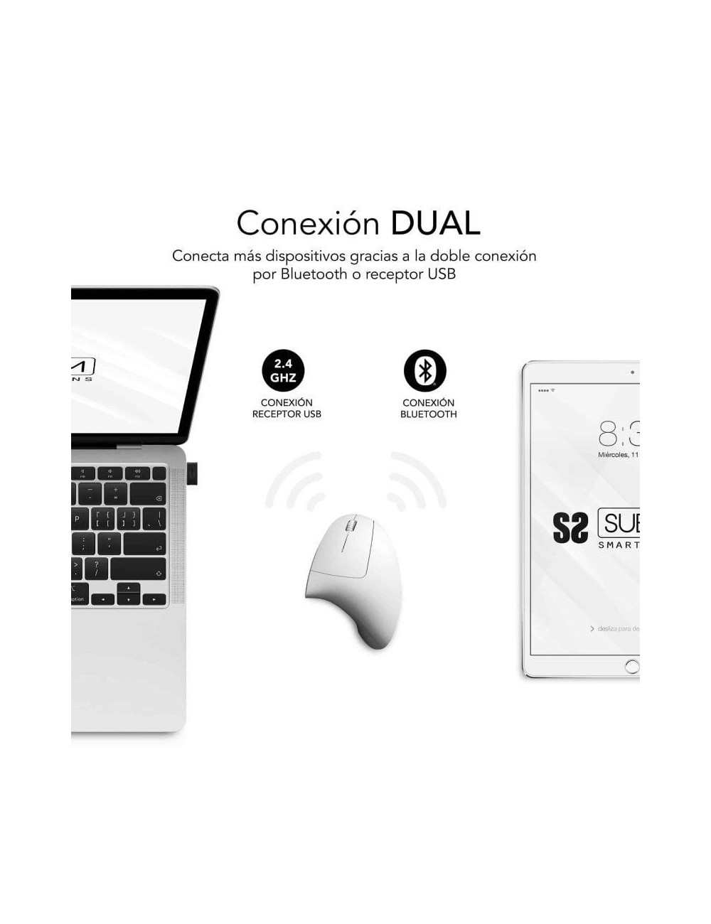 Ratón Vertical Inalámbrico Subblim Glide Vertical Ergo Dual Battery/ Batería Recargable/ Hasta 1600 DPI/ Blanco
