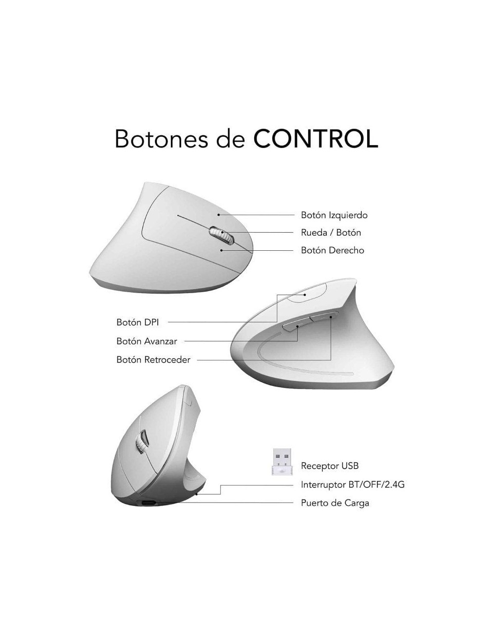 Ratón Vertical Inalámbrico Subblim Glide Vertical Ergo Dual Battery/ Batería Recargable/ Hasta 1600 DPI/ Blanco