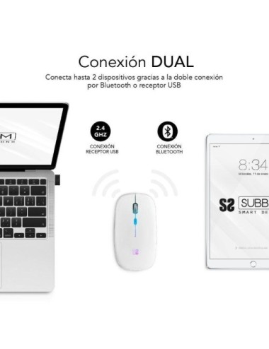 Ratón Inalámbrico Subblim LED Dual Flat/ Batería recargable/ Hasta 1600 DPI/ Blanco