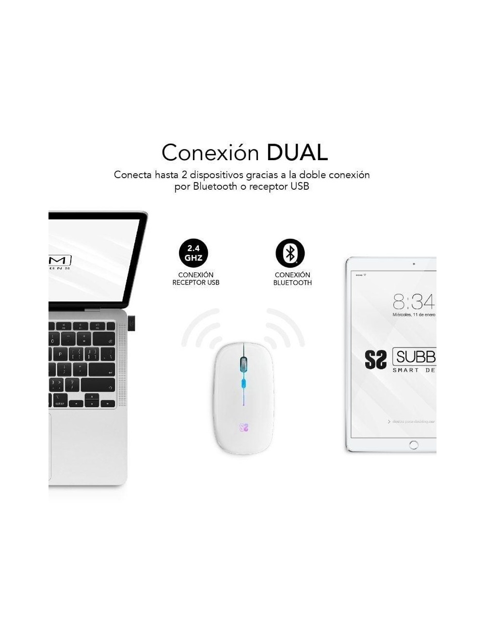 Ratón Inalámbrico Subblim LED Dual Flat/ Batería recargable/ Hasta 1600 DPI/ Blanco