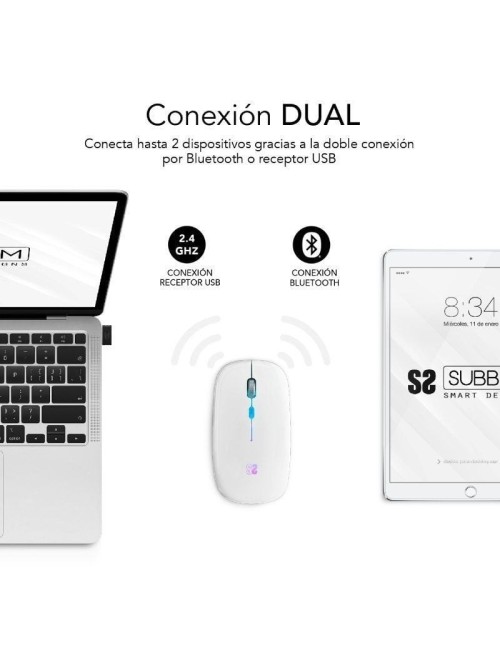 Ratón Inalámbrico Subblim LED Dual Flat/ Batería recargable/ Hasta 1600 DPI/ Blanco