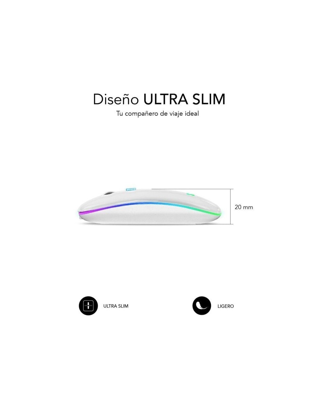 Ratón Inalámbrico Subblim LED Dual Flat/ Batería recargable/ Hasta 1600 DPI/ Blanco