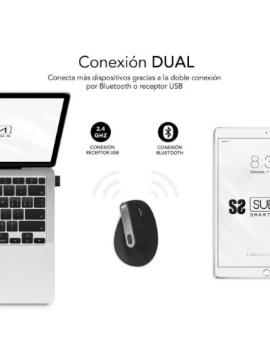 Ratón Ergonómico Inalámbrico Subblim Nature Vertical Ergo Dual Battery/ Batería Recargable/ Hasta 4000 DPI/ Negro