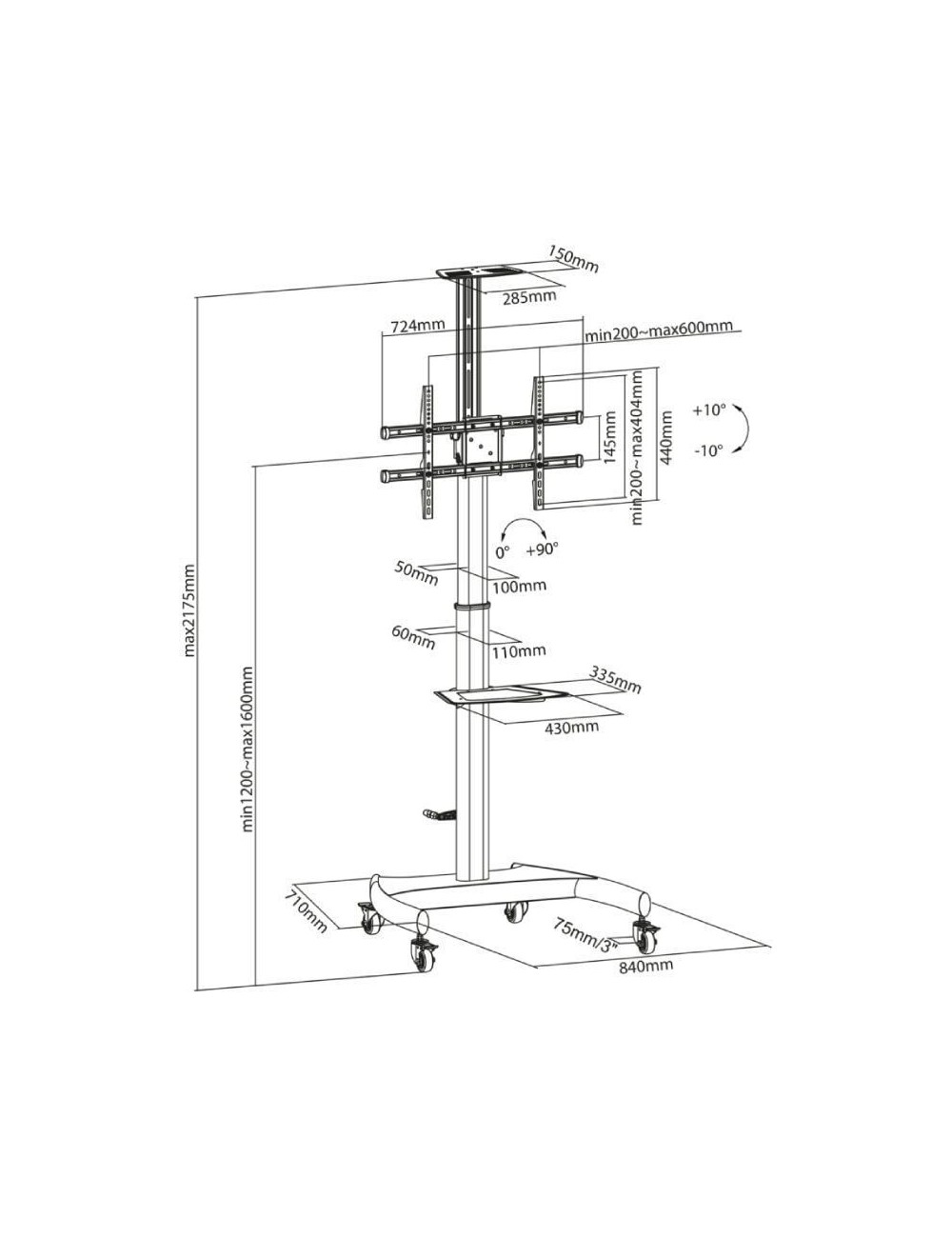 Soporte de Suelo Inclinable/ Giratorio con Ruedas y Manivela Aisens FT70TE-169 para TV 37-70'/ hasta 50kg