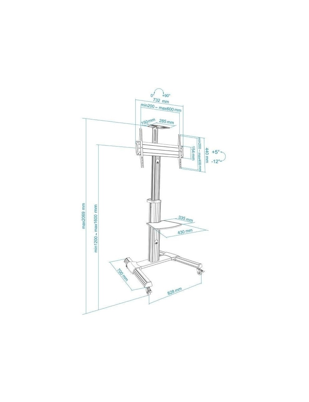Soporte de Suelo Inclinable/ Ajustable con Ruedas TooQ FS1870M-B para TV de 37-70'/ hasta 50kg