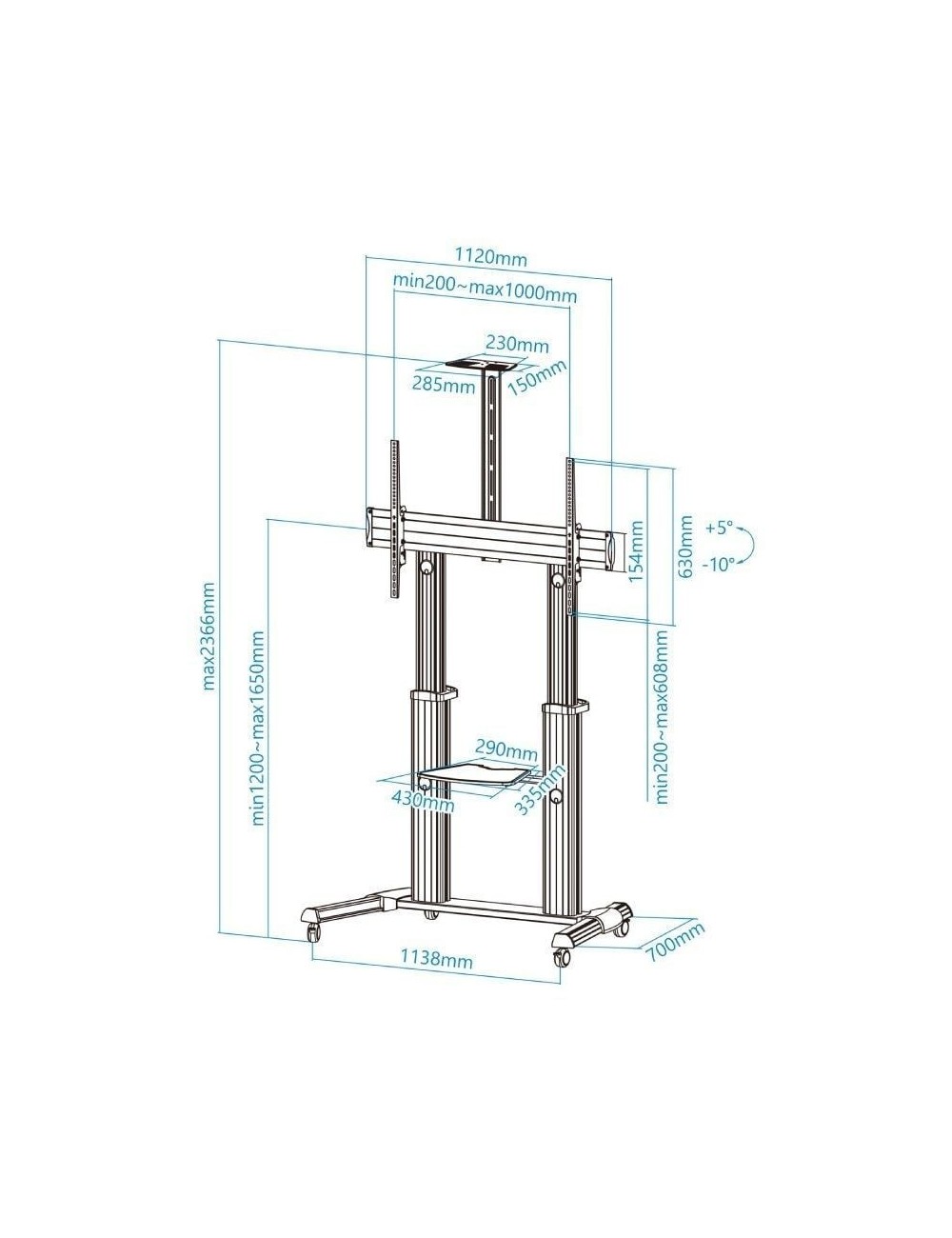 Soporte de Suelo Inclinable/ Ajustable con Ruedas TooQ FS20300M-B para TV de 60-100'/ hasta 100kg