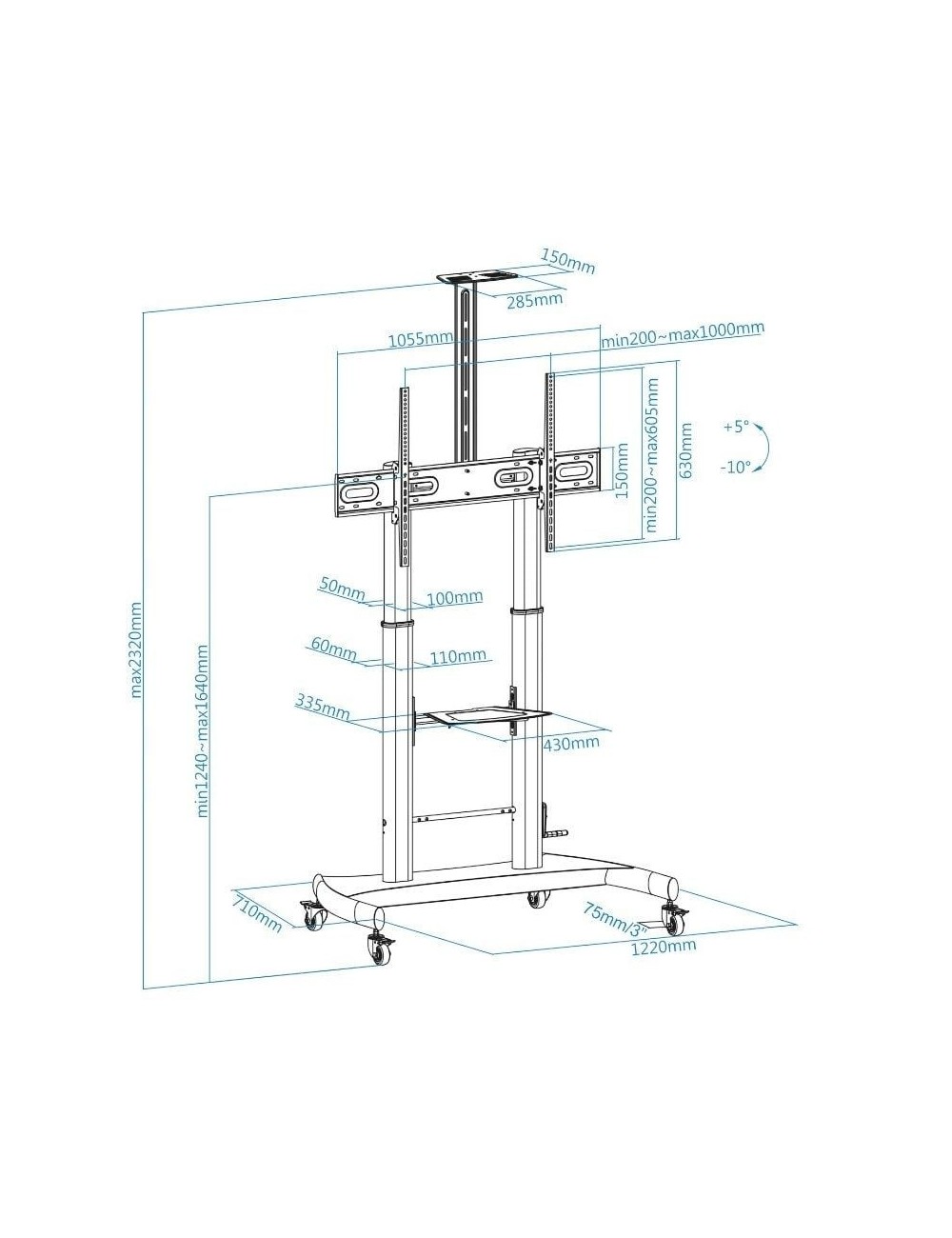 Soporte de Suelo con Ruedas Inclinable/ Nivelable TooQ FS20404HM-B para TV de 60-100'/ hasta 100kg