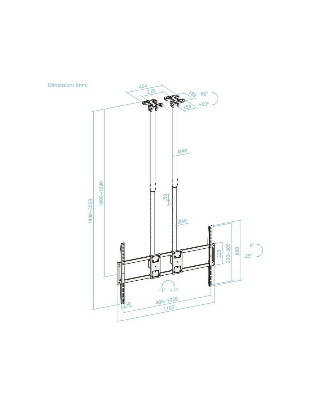 Soporte de Techo Extensible/ Inclinable TooQ LPCE11120TSLI-B para TV de 60-120'/ hasta 120kg