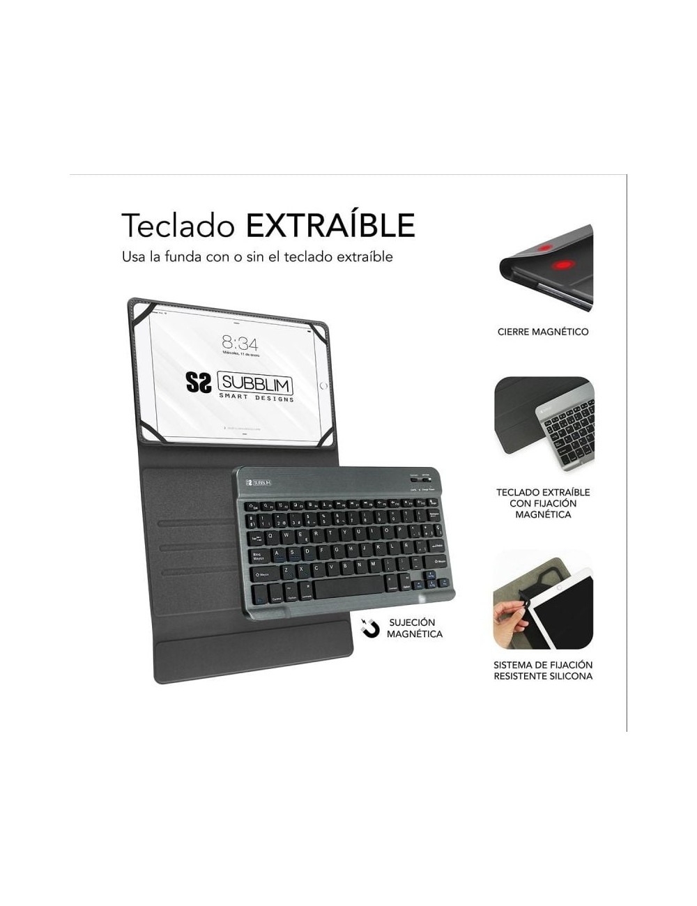 Funda con Teclado Subblim Keytab Pro Bluetooth para Tablets de 10.1'-10.8'/ Negra