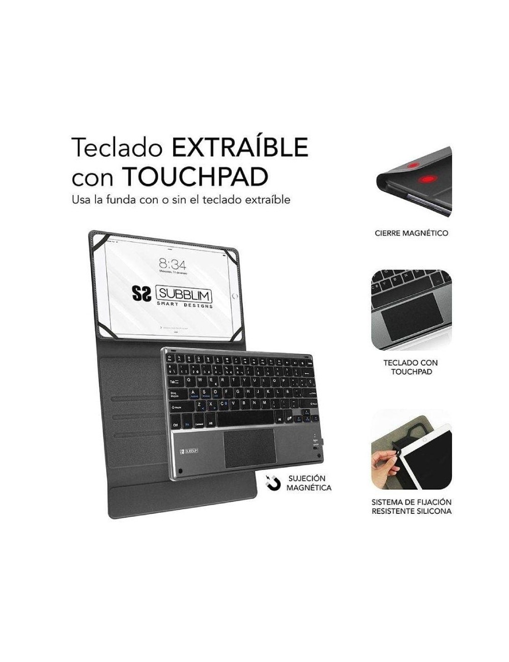 Funda con Teclado Subblim Keytab Pro Bluetooth Touchpad para Tablets de 9.6'-10.8'/ Negra