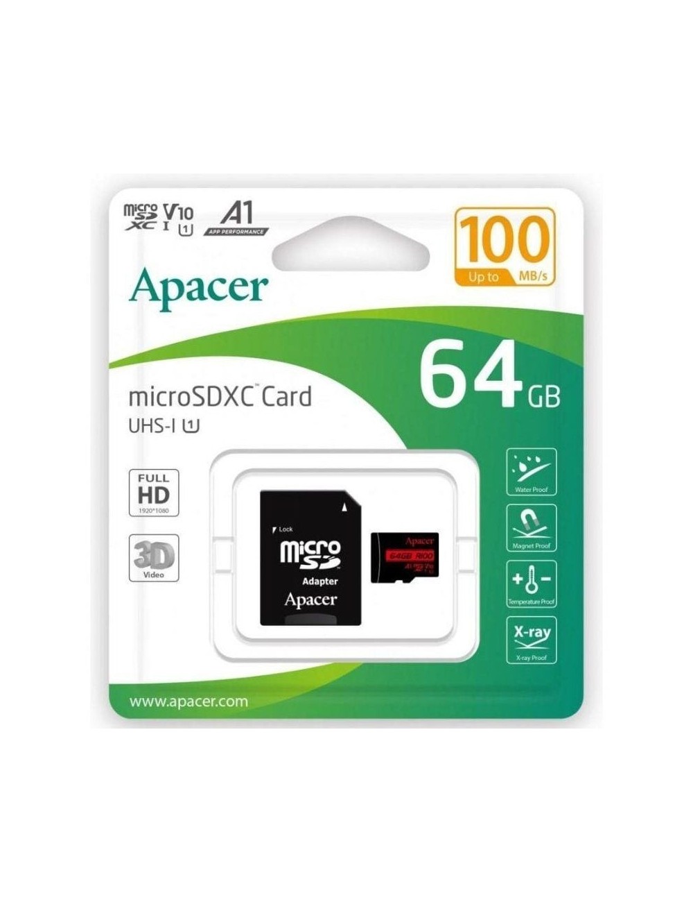 Tarjeta de Memoria Apacer 64GB XC UHS 1 con Adaptador/ Clase 10/ 100MBs