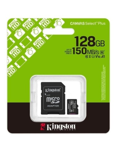 Tarjeta de Memoria Kingston CANVAS Select Plus 128GB microSD XC con Adaptador/ Clase 10/ 150MBs