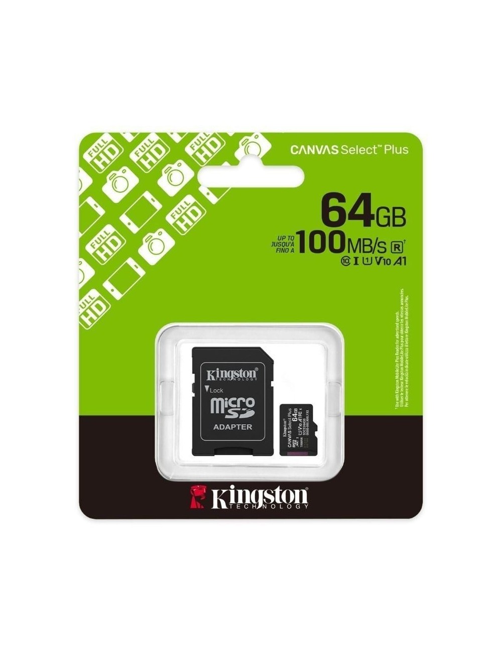Tarjeta de Memoria Kingston CANVAS Select Plus 64GB microSD XC con Adaptador/ Clase 10/ 100MBs
