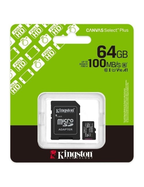 Tarjeta de Memoria Kingston CANVAS Select Plus 64GB microSD XC con Adaptador/ Clase 10/ 100MBs
