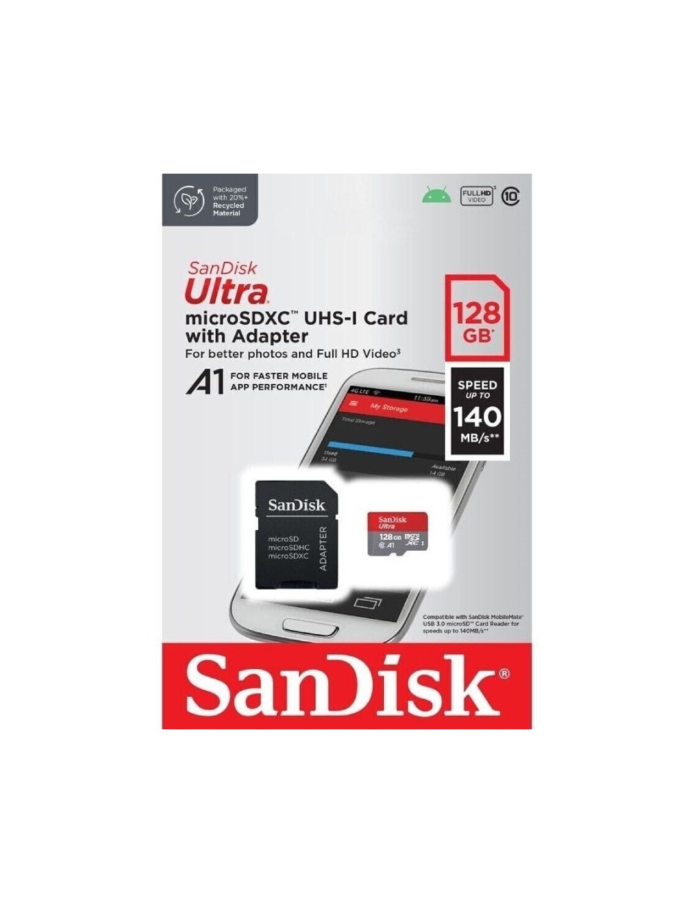 Tarjeta de Memoria SanDisk Ultra 128GB microSD XC con Adaptador/ Clase 10/ 140MBs