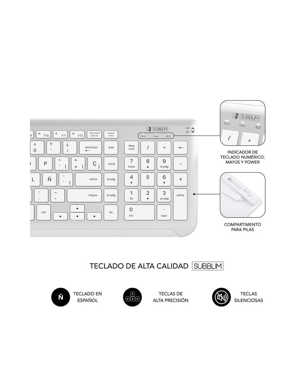 Teclado y Ratón Inalámbrico Subblim Combo Dual Prestige Extendido/ Blanco y Plata
