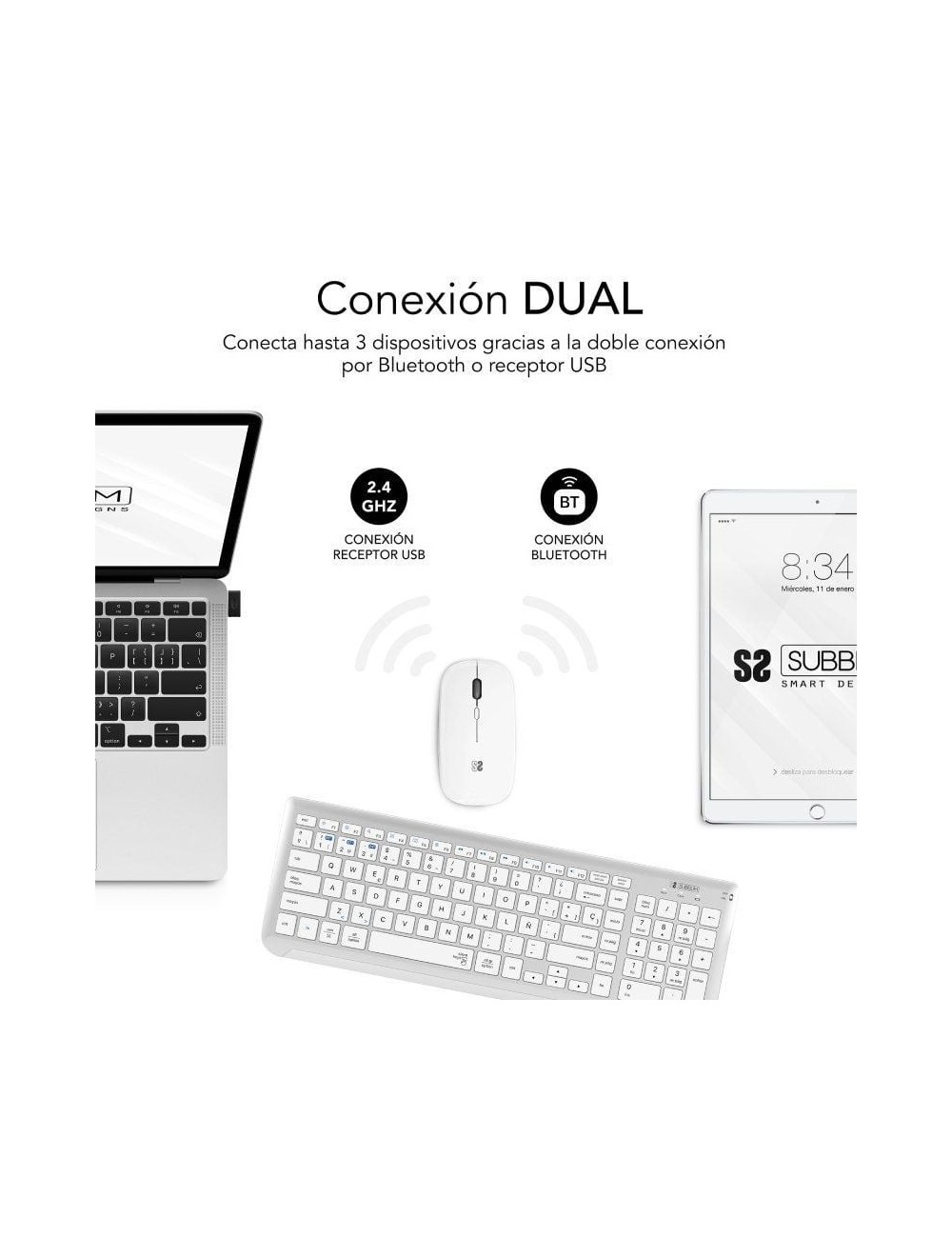 Teclado y Ratón Inalámbrico Subblim Combo Dual Prestige Extendido/ Blanco y Plata