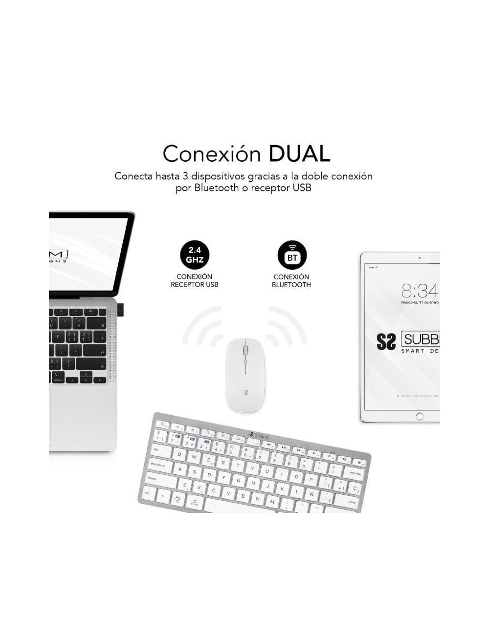 Teclado y Ratón Inalámbrico Subblim OCO010 Combo Multidispositivo Compacto/ Plata