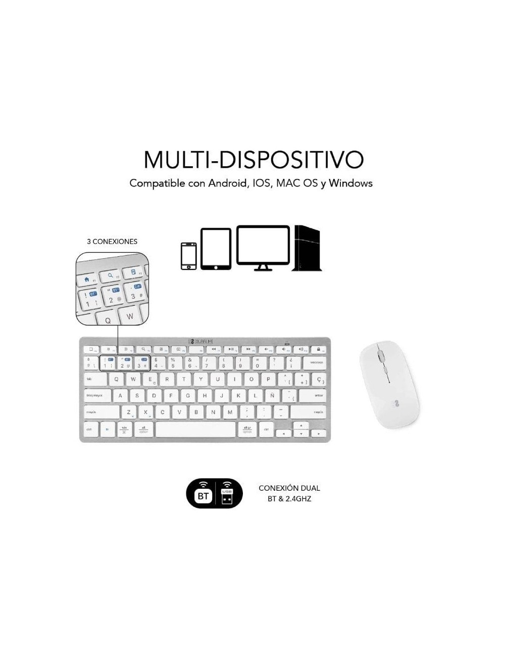 Teclado y Ratón Inalámbrico Subblim OCO010 Combo Multidispositivo Compacto/ Plata