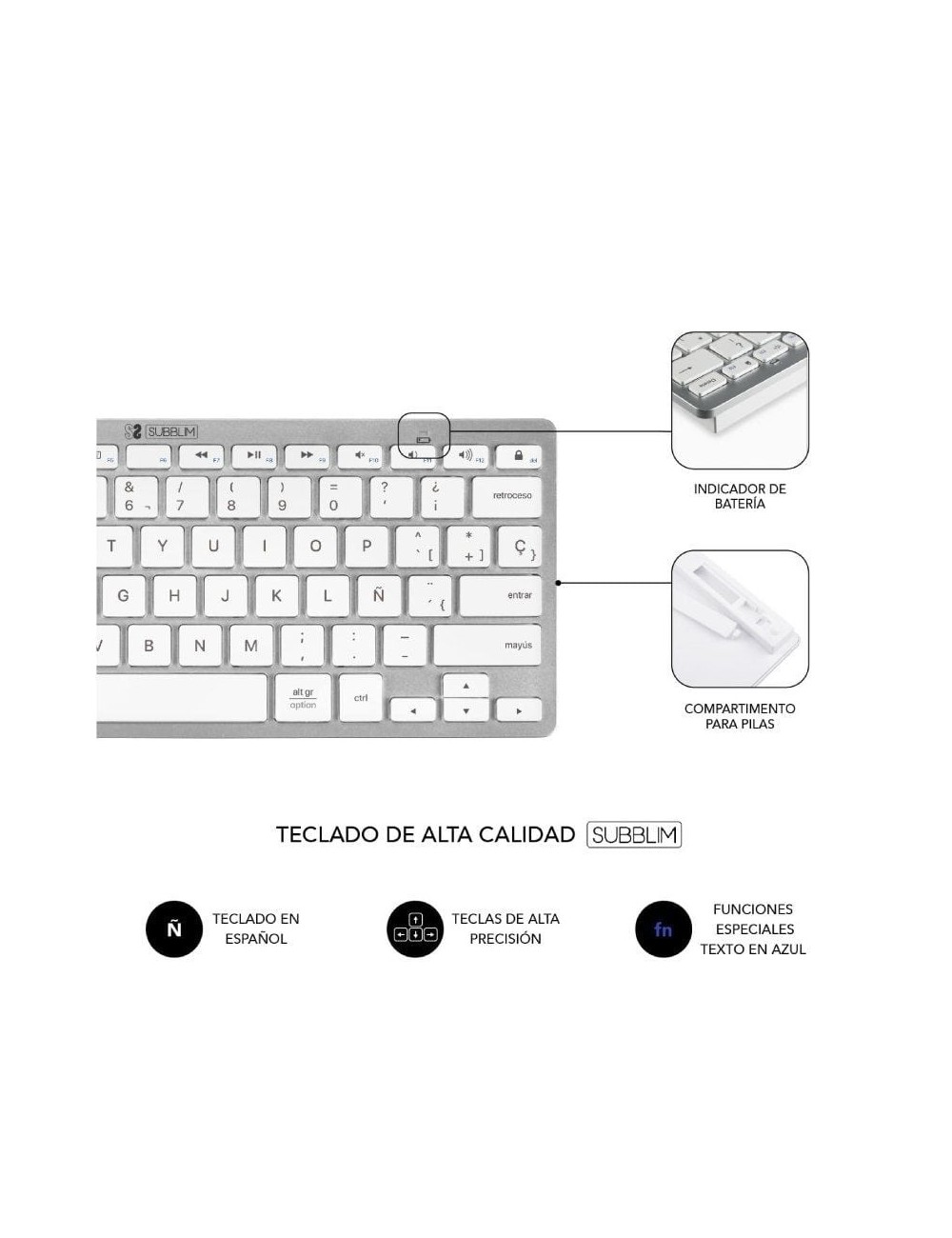 Teclado y Ratón Inalámbrico Subblim OCO010 Combo Multidispositivo Compacto/ Plata