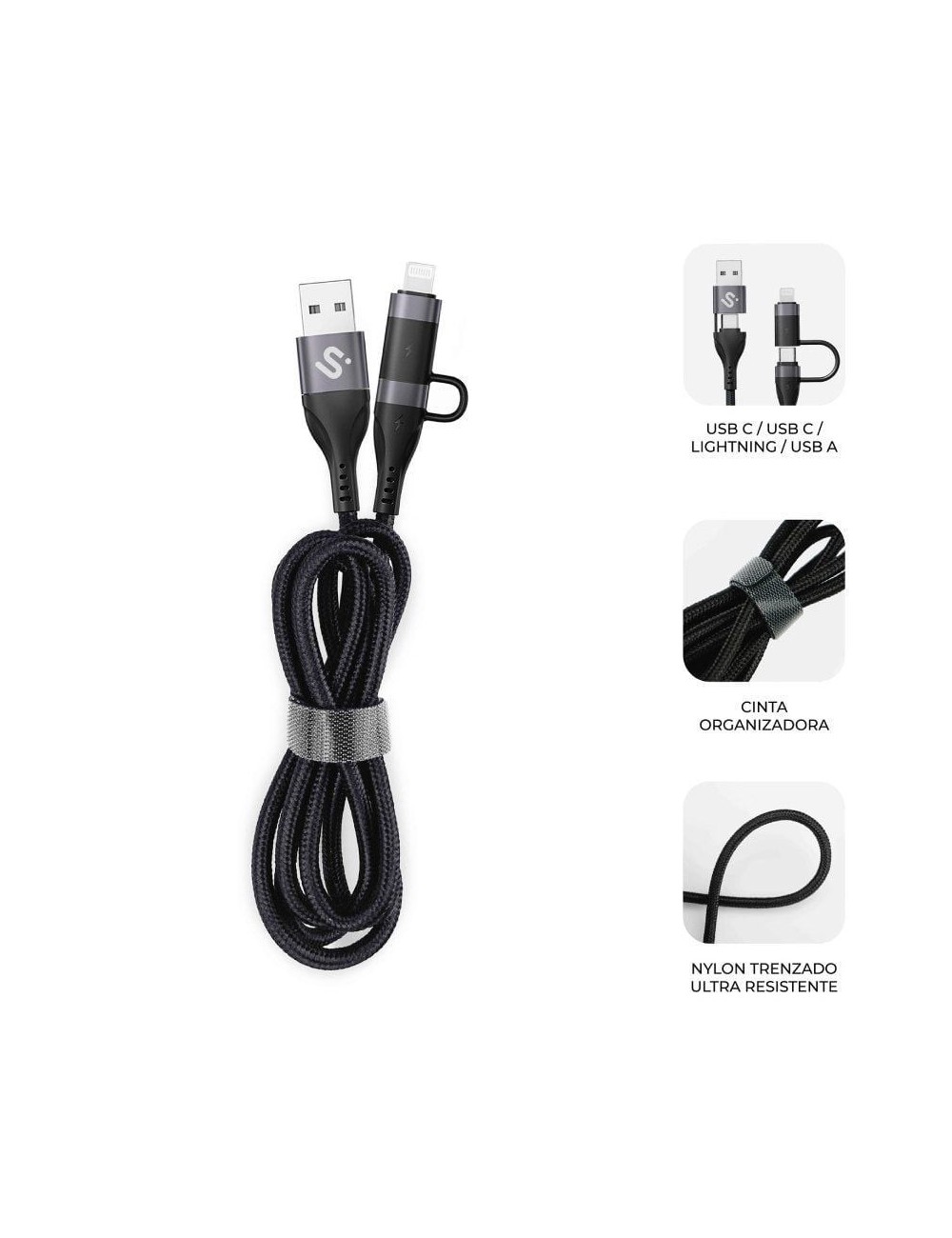 Cable USB 2.0 Tipo-C Subblim Top 4 en 1/ USB Tipo-C Macho - USB Macho/ USB Tipo-C Macho - Lightning Macho/ Hasta 60W/ 480Mbps/ 1