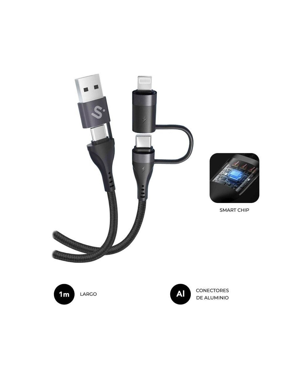 Cable USB 2.0 Tipo-C Subblim Top 4 en 1/ USB Tipo-C Macho - USB Macho/ USB Tipo-C Macho - Lightning Macho/ Hasta 60W/ 480Mbps/ 1
