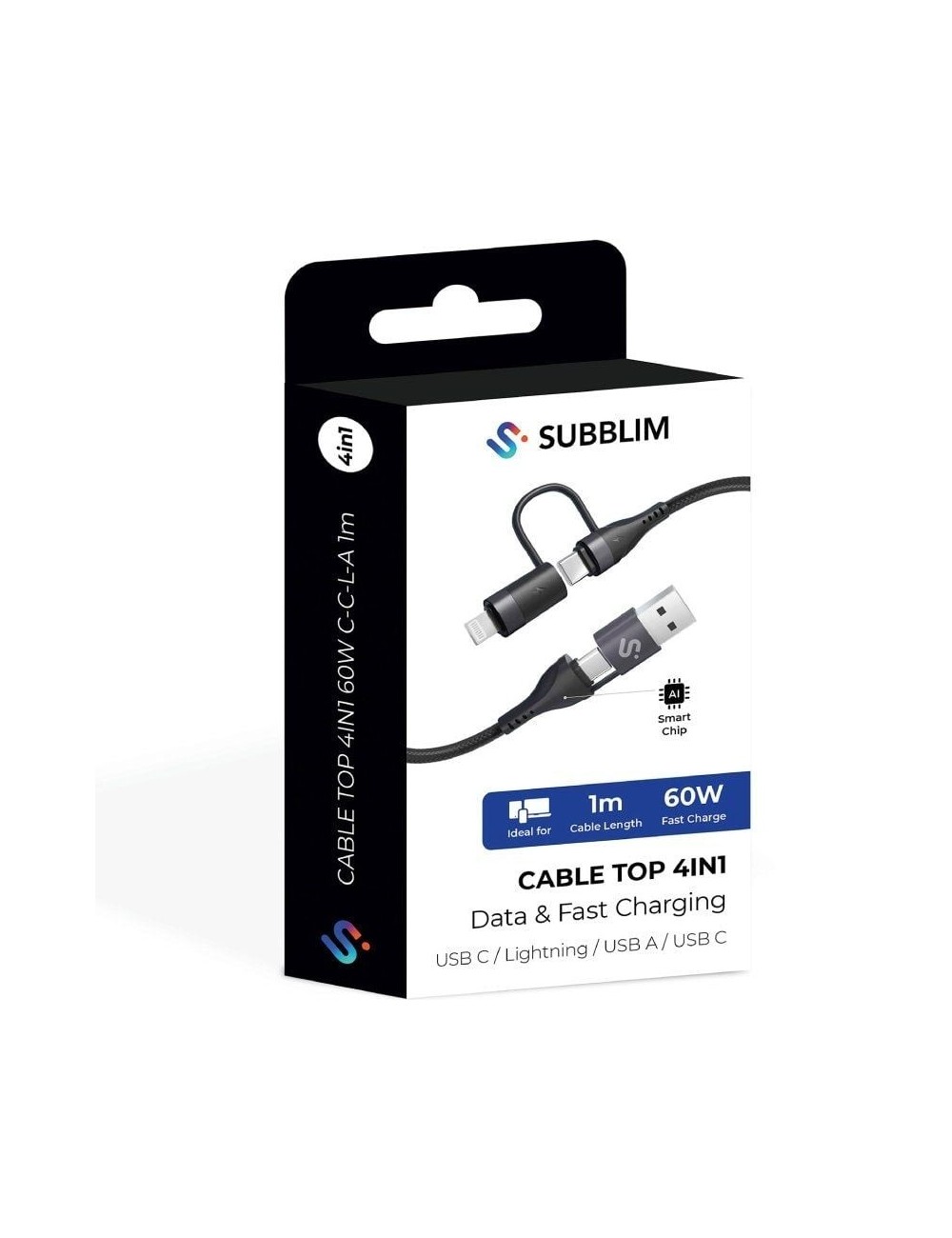 Cable USB 2.0 Tipo-C Subblim Top 4 en 1/ USB Tipo-C Macho - USB Macho/ USB Tipo-C Macho - Lightning Macho/ Hasta 60W/ 480Mbps/ 1