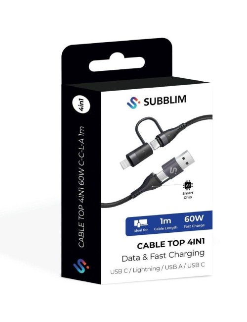 Cable USB 2.0 Tipo-C Subblim Top 4 en 1/ USB Tipo-C Macho - USB Macho/ USB Tipo-C Macho - Lightning Macho/ Hasta 60W/ 480Mbps/ 1