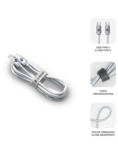 Cable USB 2.0 Tipo-C Subblim Optimus/ USB Tipo-C Macho - USB Tipo-C Macho/ Hasta 60W/ 480Mbps/ 2m/ Blanco