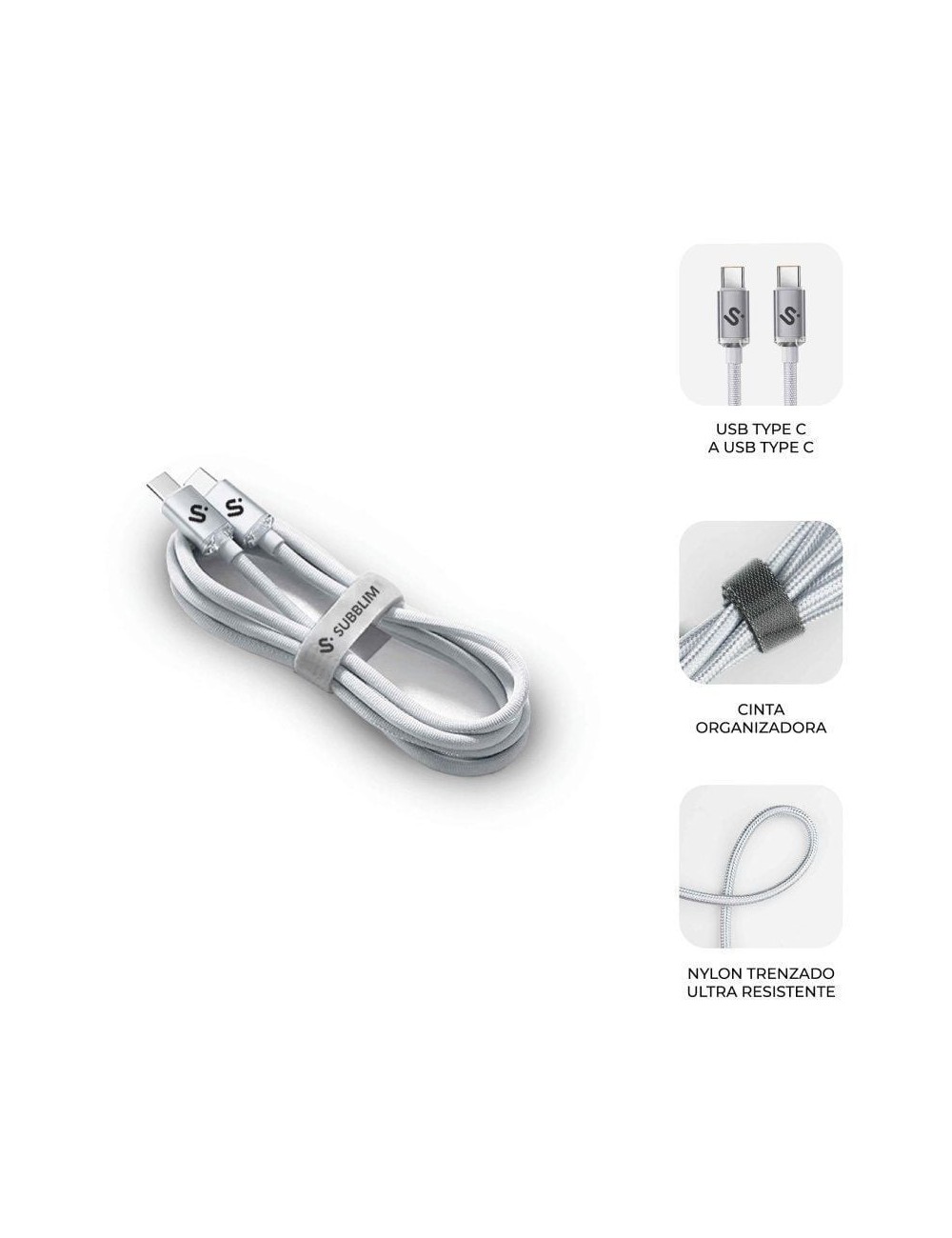 Cable USB 2.0 Tipo-C Subblim Optimus/ USB Tipo-C Macho - USB Tipo-C Macho/ Hasta 60W/ 480Mbps/ 2m/ Blanco