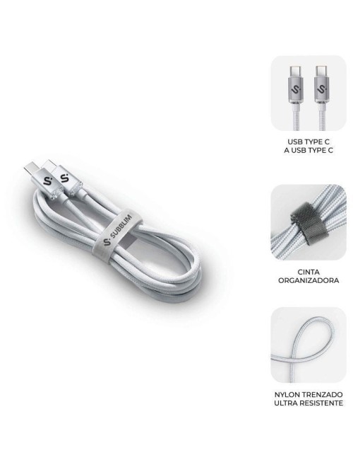 Cable USB 2.0 Tipo-C Subblim Optimus/ USB Tipo-C Macho - USB Tipo-C Macho/ Hasta 60W/ 480Mbps/ 2m/ Blanco