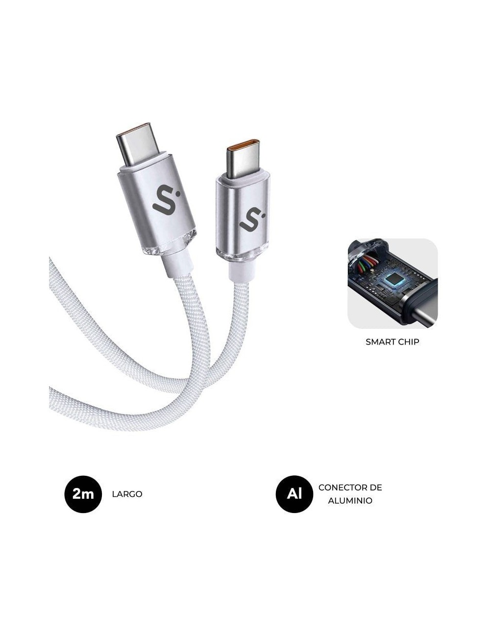 Cable USB 2.0 Tipo-C Subblim Optimus/ USB Tipo-C Macho - USB Tipo-C Macho/ Hasta 60W/ 480Mbps/ 2m/ Blanco