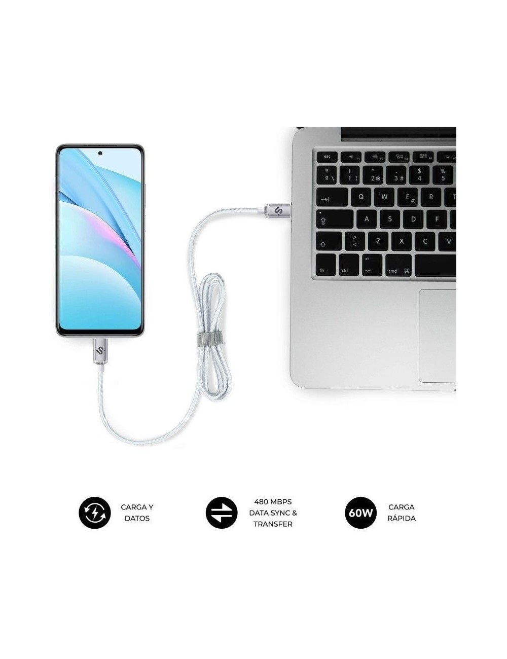 Cable USB 2.0 Tipo-C Subblim Optimus/ USB Tipo-C Macho - USB Tipo-C Macho/ Hasta 60W/ 480Mbps/ 2m/ Blanco