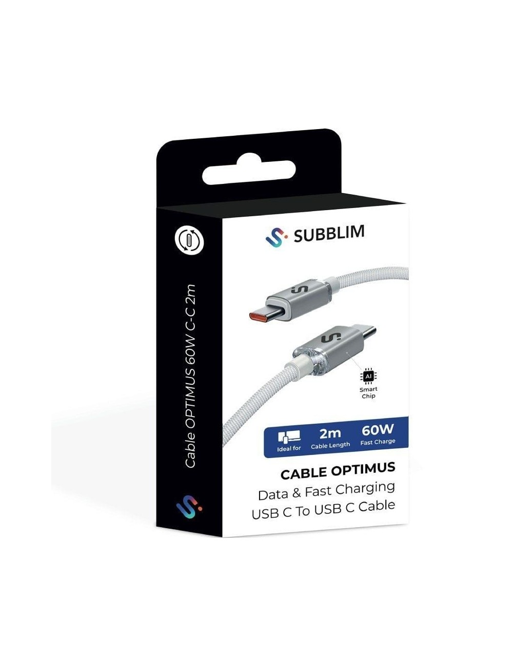 Cable USB 2.0 Tipo-C Subblim Optimus/ USB Tipo-C Macho - USB Tipo-C Macho/ Hasta 60W/ 480Mbps/ 2m/ Blanco