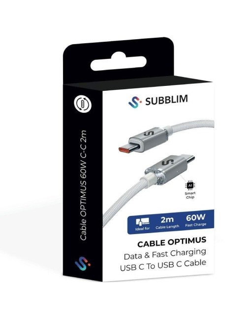Cable USB 2.0 Tipo-C Subblim Optimus/ USB Tipo-C Macho - USB Tipo-C Macho/ Hasta 60W/ 480Mbps/ 2m/ Blanco