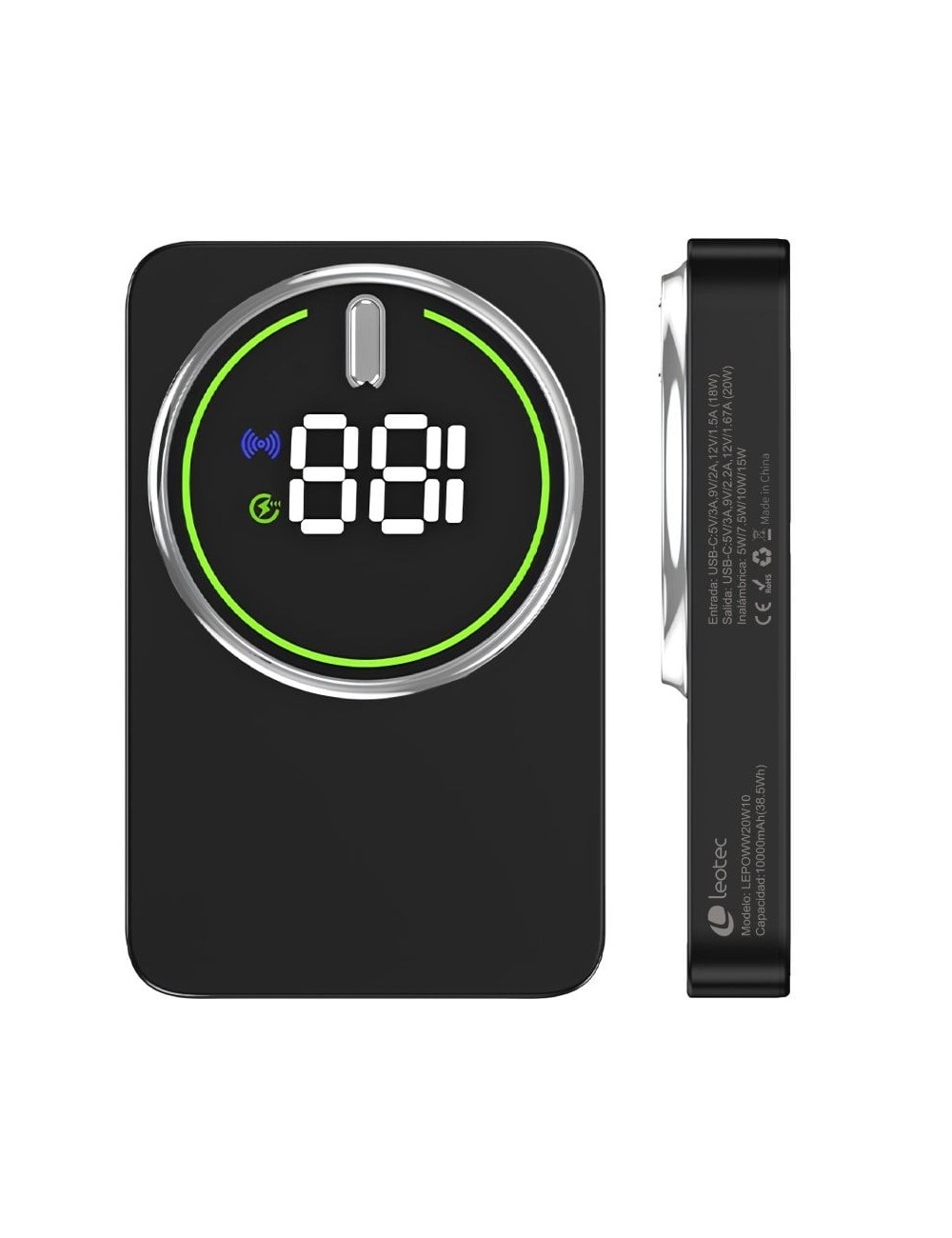 Powerbank 10000mAh Leotec LEPOWW20W10K/ 20W/ Wireless/ Negra/ Incluye Cable USB Tipo-C
