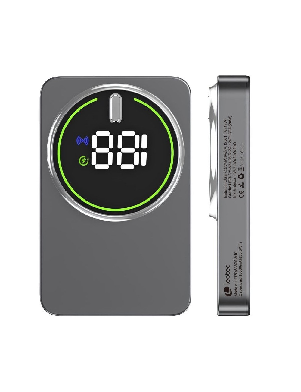 Powerbank 10000mAh Leotec LEPOWW20W10G/ 20W/ Wireless/ Gris/ Incluye Cable USB Tipo-C