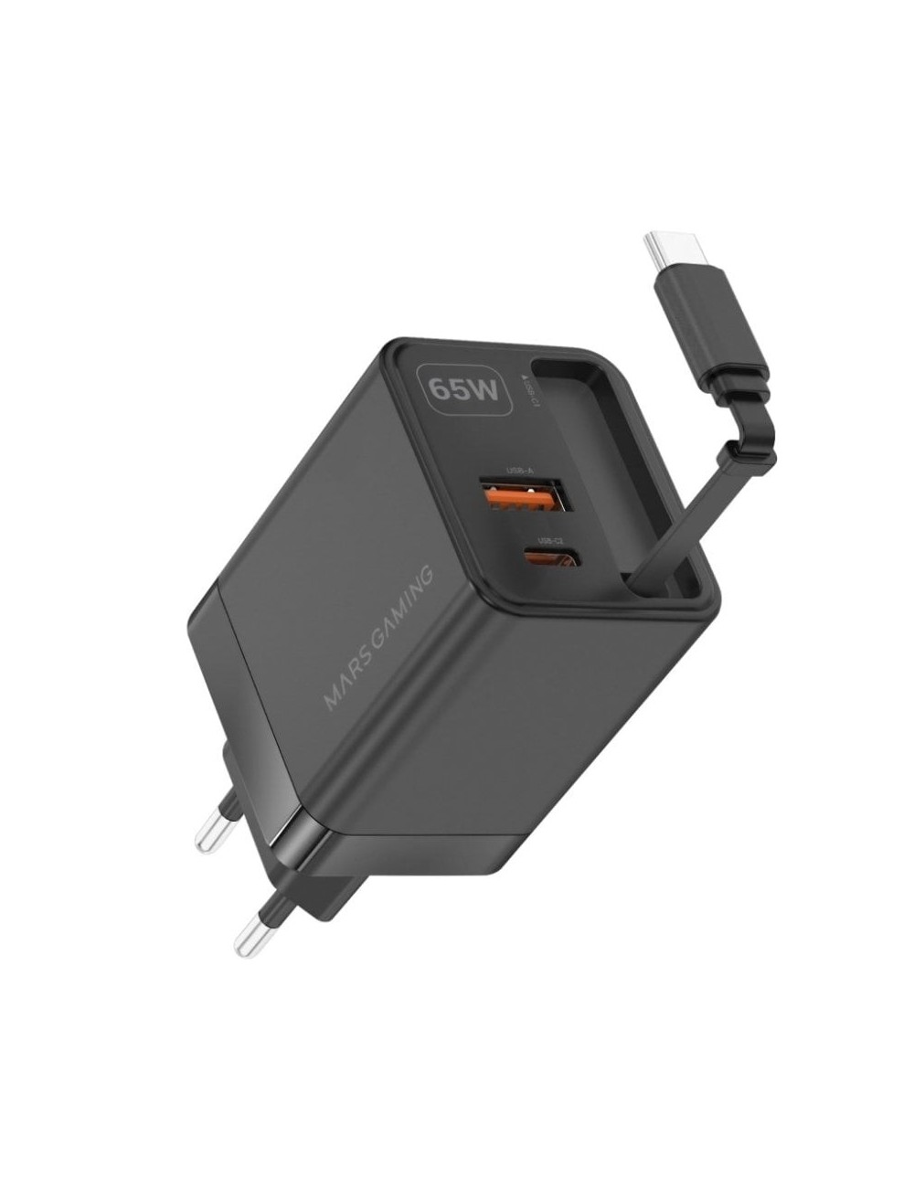 Cargador de Pared GaN Mars Gaming MD-GAN65R/ 1xUSB Tipo-C/ 1xUSB/ 65W/ Negro