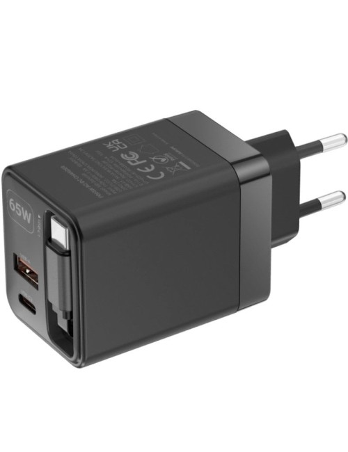Cargador de Pared GaN Mars Gaming MD-GAN65R/ 1xUSB Tipo-C/ 1xUSB/ 65W/ Negro