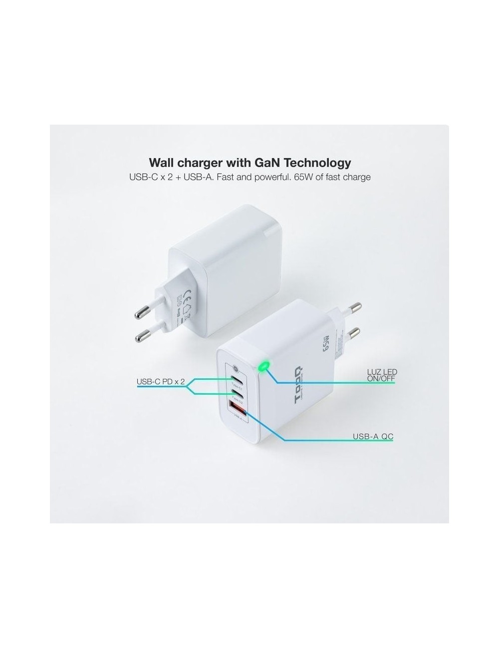 Cargador de Pared GaN TooQ TQWC-GANQC2PD65WT/ 2xUSB Tipo-C/ 1xUSB/ 65W