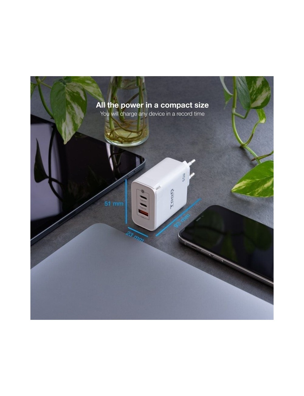 Cargador de Pared GaN TooQ TQWC-GANQC2PD65WT/ 2xUSB Tipo-C/ 1xUSB/ 65W