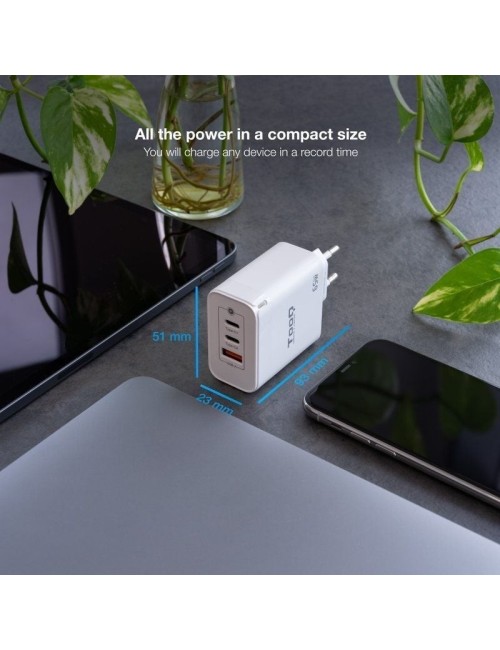 Cargador de Pared GaN TooQ TQWC-GANQC2PD65WT/ 2xUSB Tipo-C/ 1xUSB/ 65W
