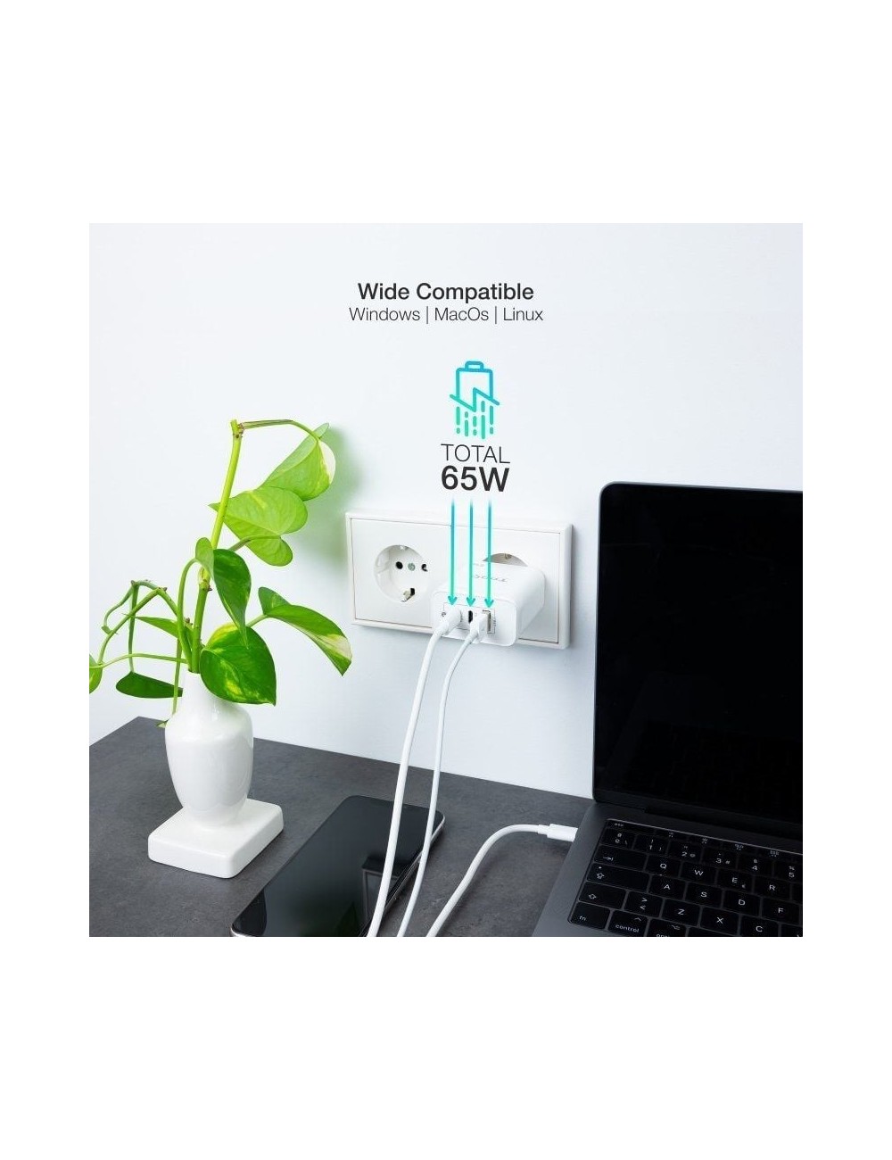 Cargador de Pared GaN TooQ TQWC-GANQC2PD65WT/ 2xUSB Tipo-C/ 1xUSB/ 65W