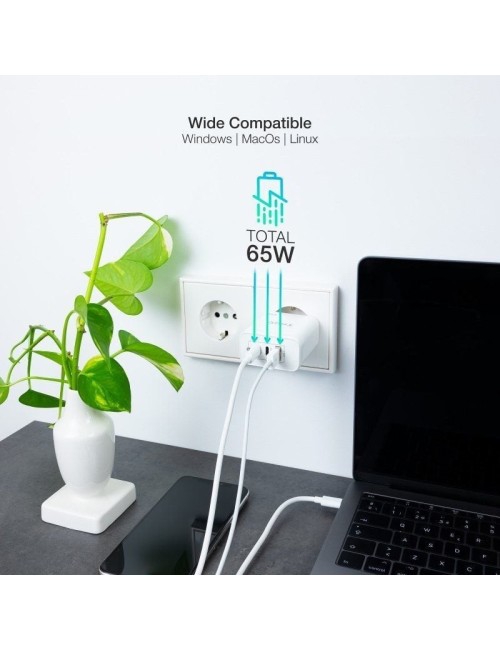 Cargador de Pared GaN TooQ TQWC-GANQC2PD65WT/ 2xUSB Tipo-C/ 1xUSB/ 65W